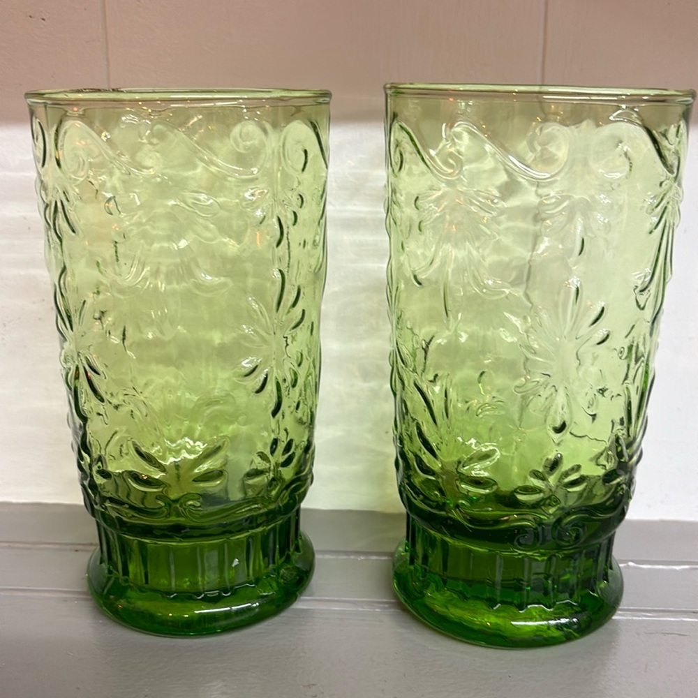 Two vintage green glass tumblers